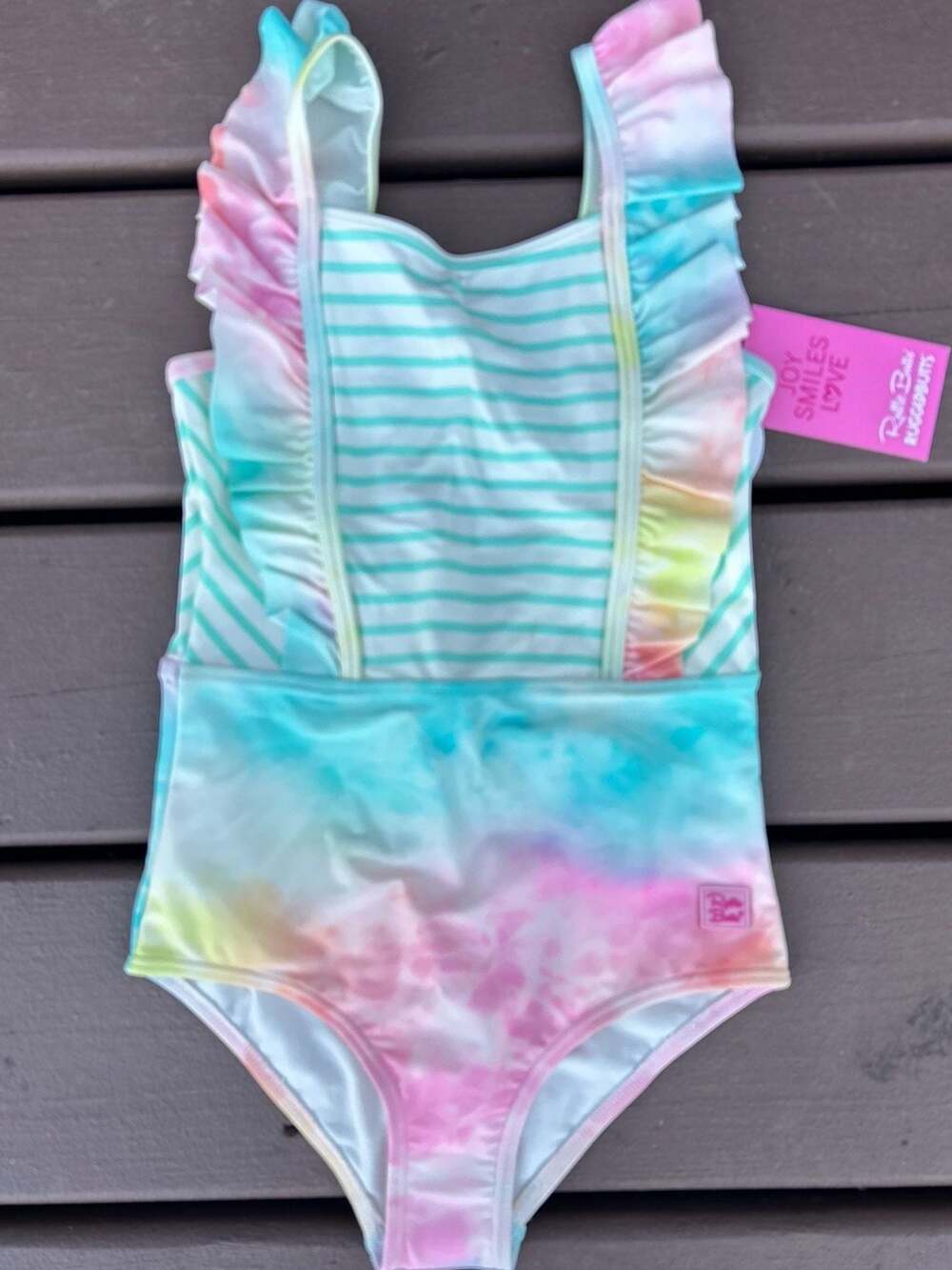 RuffleButts Rainbow Tie Dye One Piece Swimsuit, Size 7